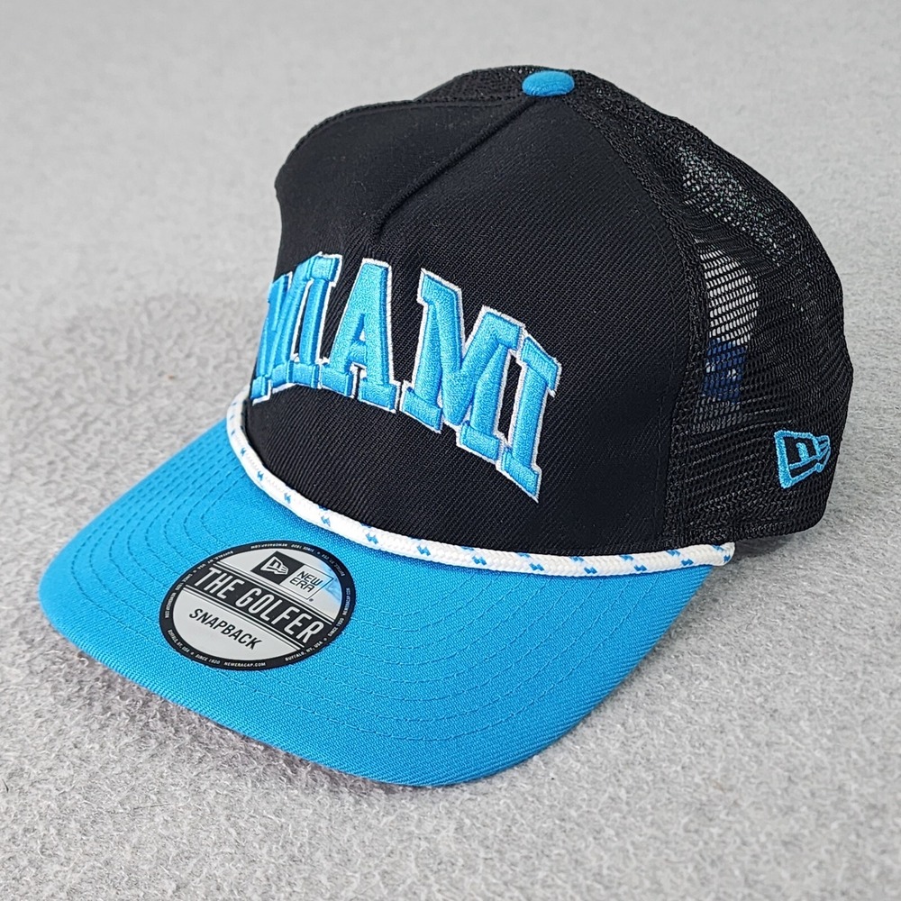 Miami Marlins Golfer Hat Adult Black New Era Adjustable Snapback Rope Trucker